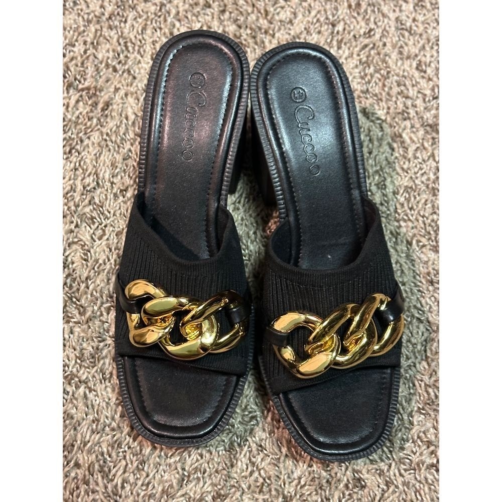 CUCCOO Black Slide Sandals with Gold Chain Detail Luxury Summer Footwear